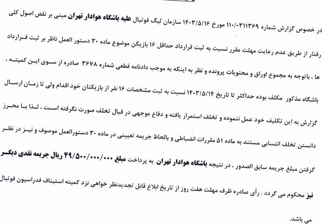 اعلام آرای انضباطی کمیته انضباطی فدراسیون فوتبال