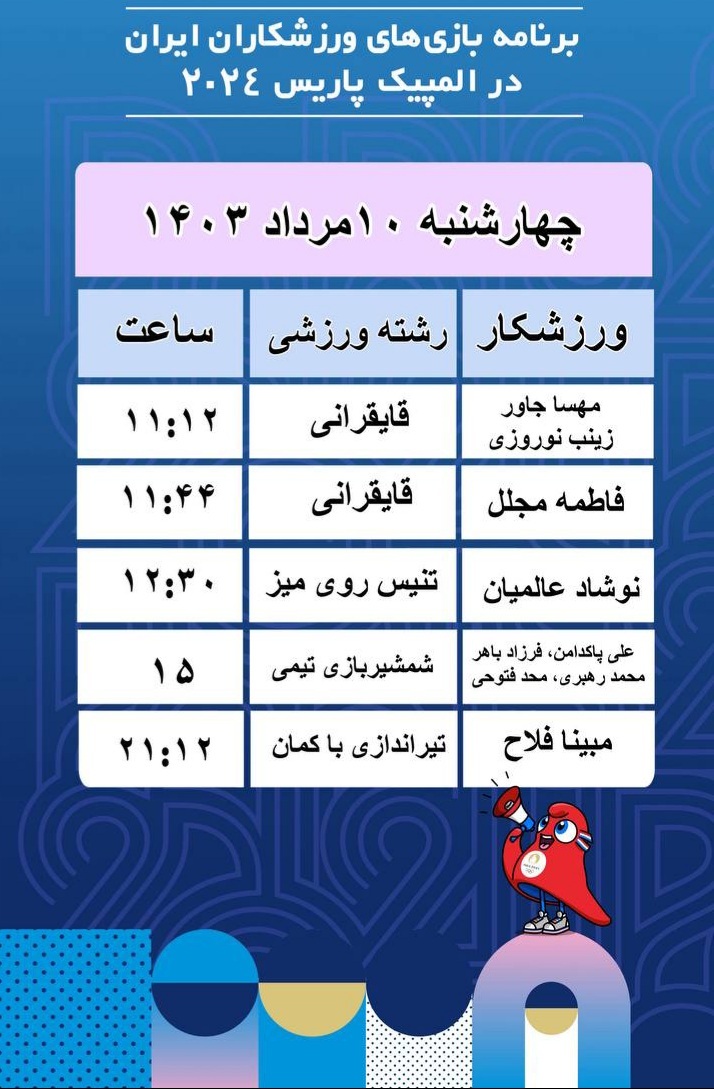 برنامه کاروان ایران در روز پنجم المپیک ۲۰۲۴ پاریس
