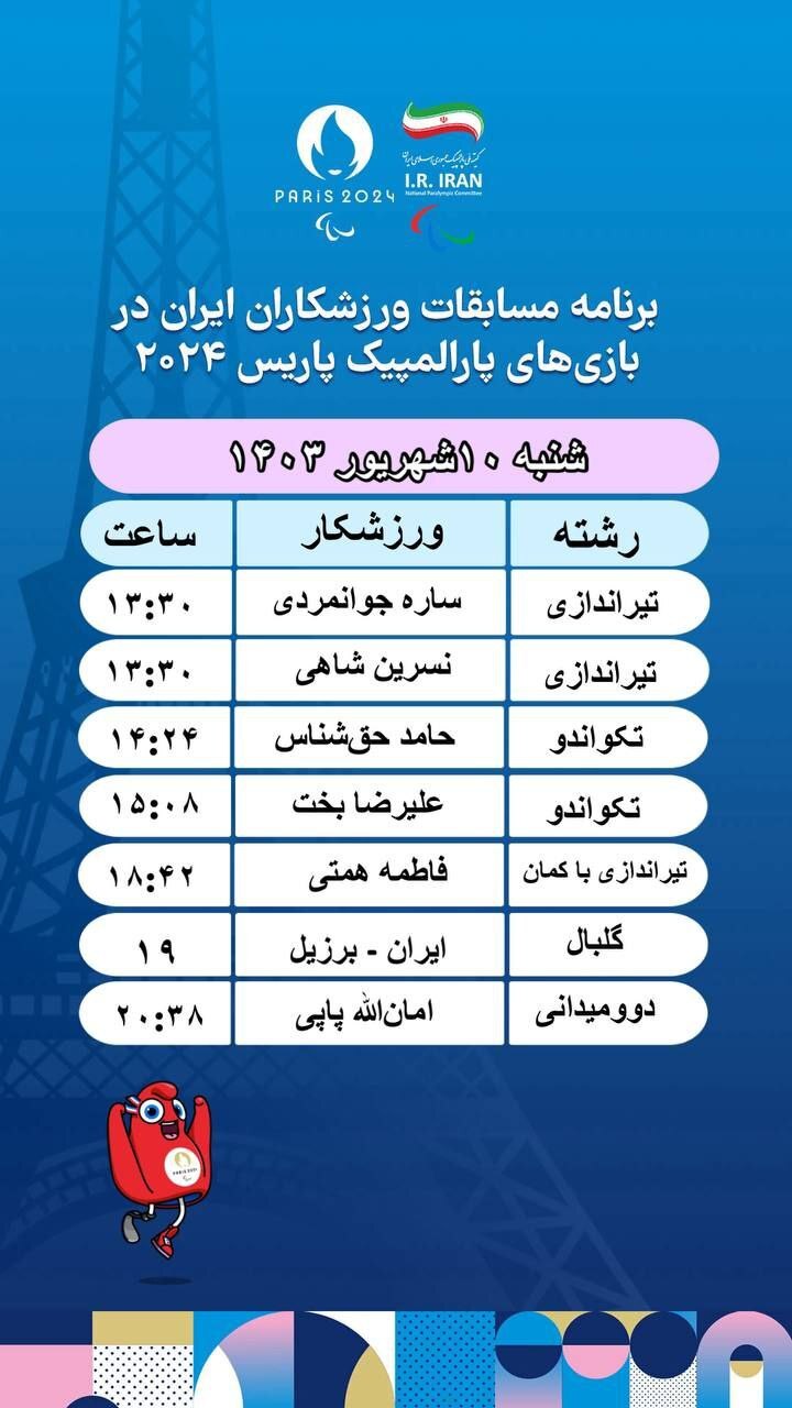 برنامه روز سوم کاروان ایران در پارالمپیک پاریس