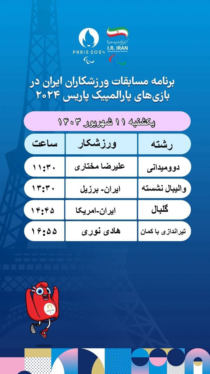 برنامه روز چهارم کاروان ایران در پارالمپیک پاریس