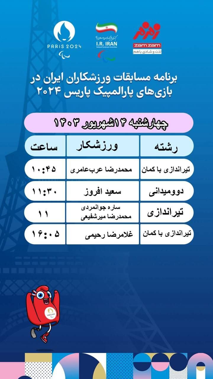 برنامه روز هفتم کاروان ایران در پارالمپیک پاریس