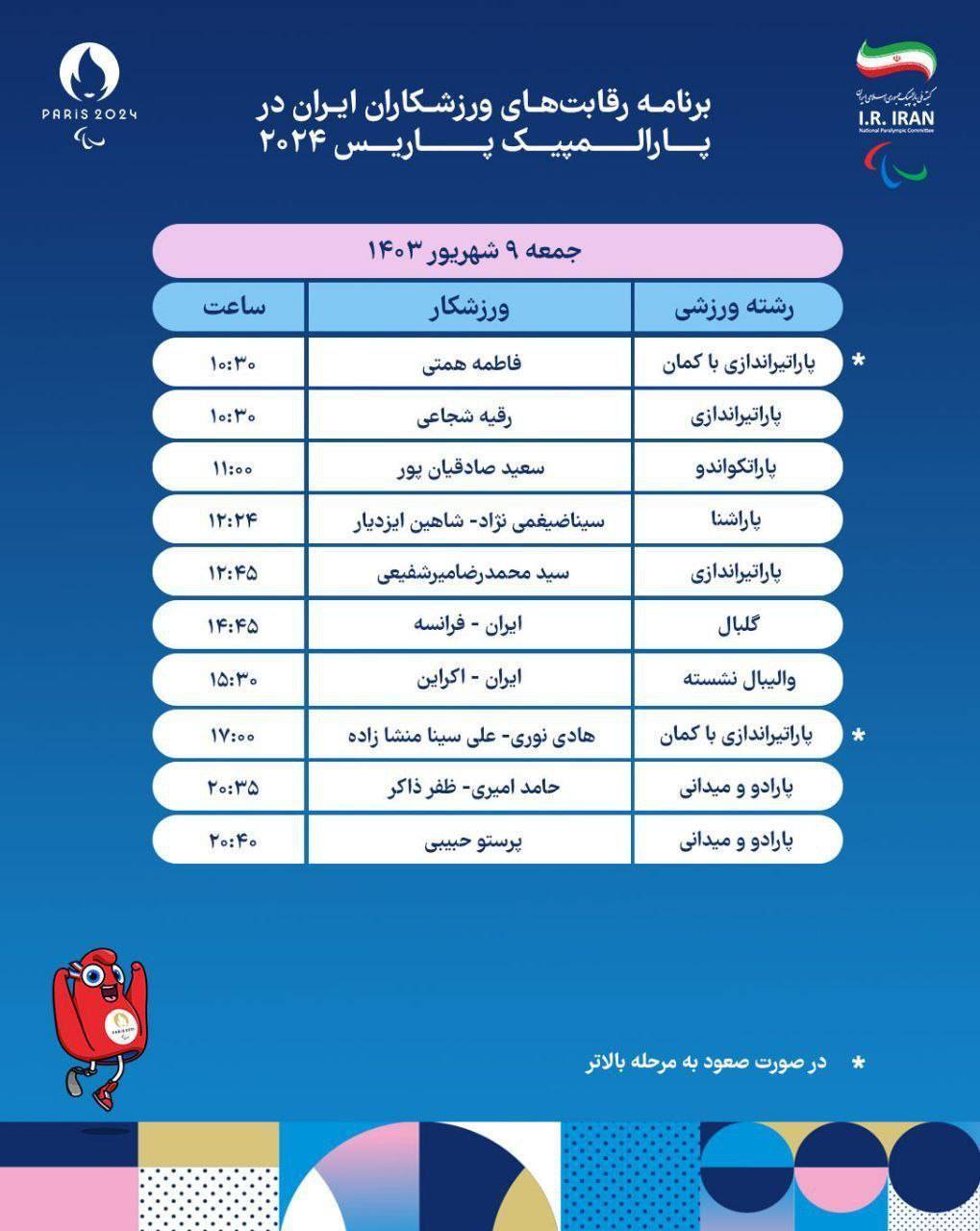 برنامه روز دوم کاروان ایران در پارالمپیک پاریس