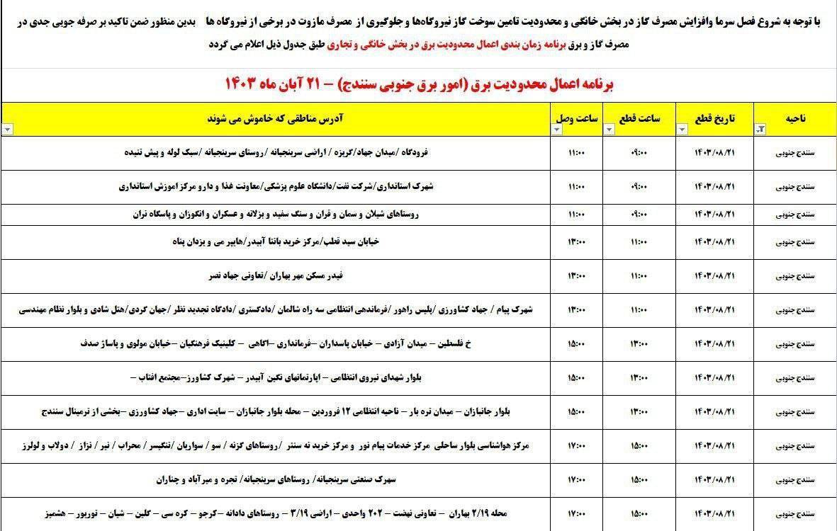 برنامه خاموشی برق امروز ۲۱ آبان در کردستان