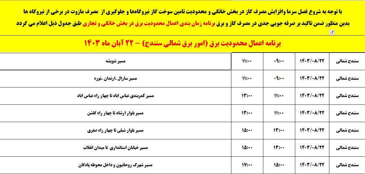 برنامه خاموشی برق امروز ۲۲ آبان در سنندج
