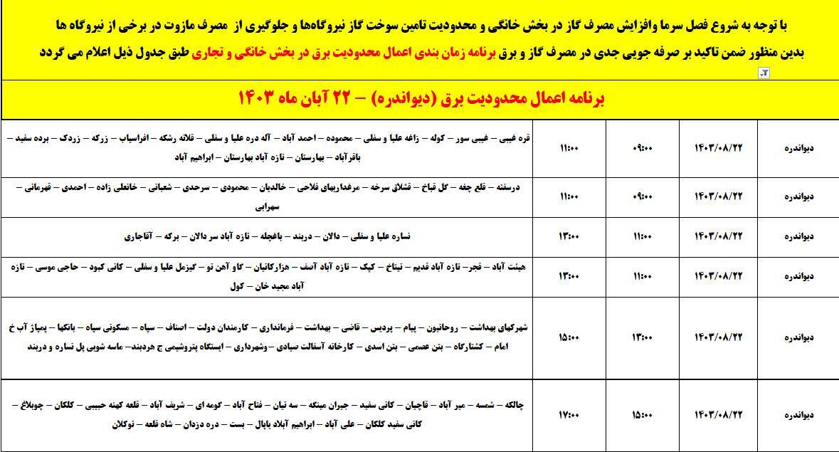 برنامه خاموشی برق امروز ۲۲ آبان در کردستان
