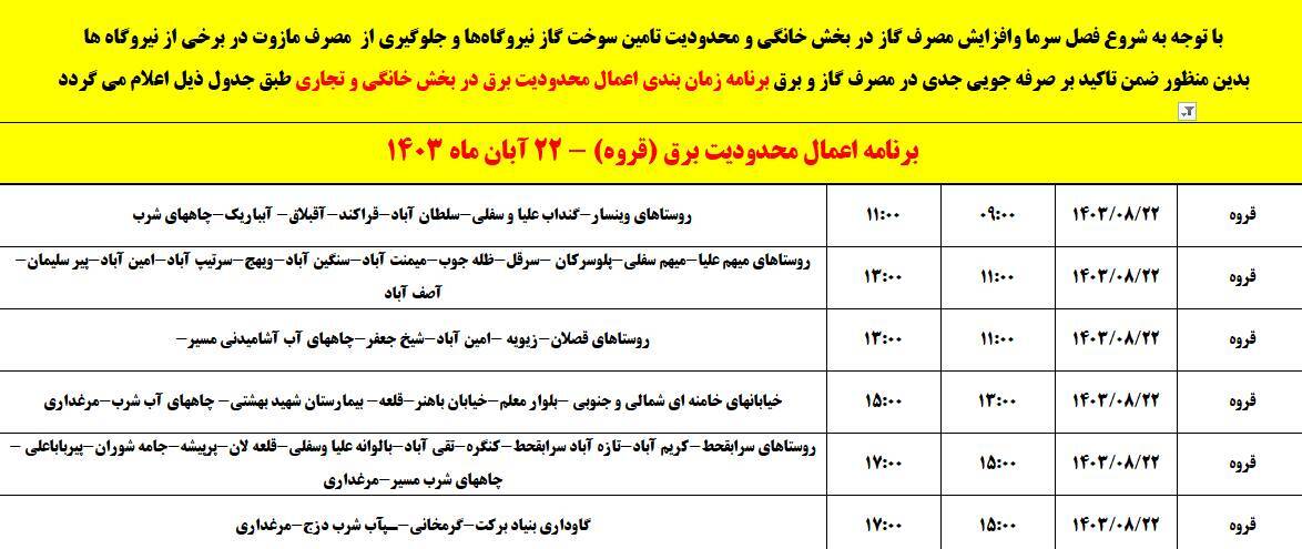 برنامه خاموشی برق امروز ۲۲ آبان در کردستان
