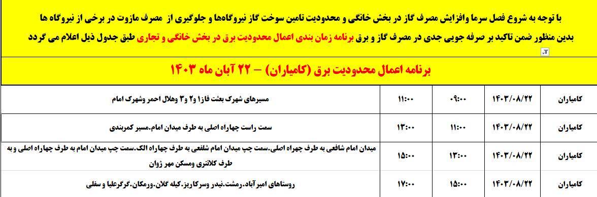برنامه خاموشی برق امروز ۲۲ آبان در کردستان