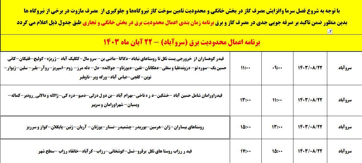 برنامه خاموشی برق امروز ۲۲ آبان در کردستان