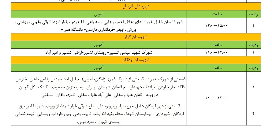 زمان قطعی برق امروز در مناطق مختلف چهارمحال و بختیاری