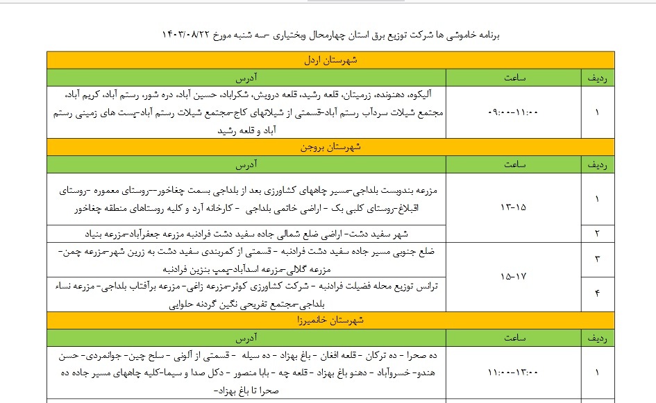 زمان قطعی برق امروز در مناطق مختلف چهارمحال و بختیاری