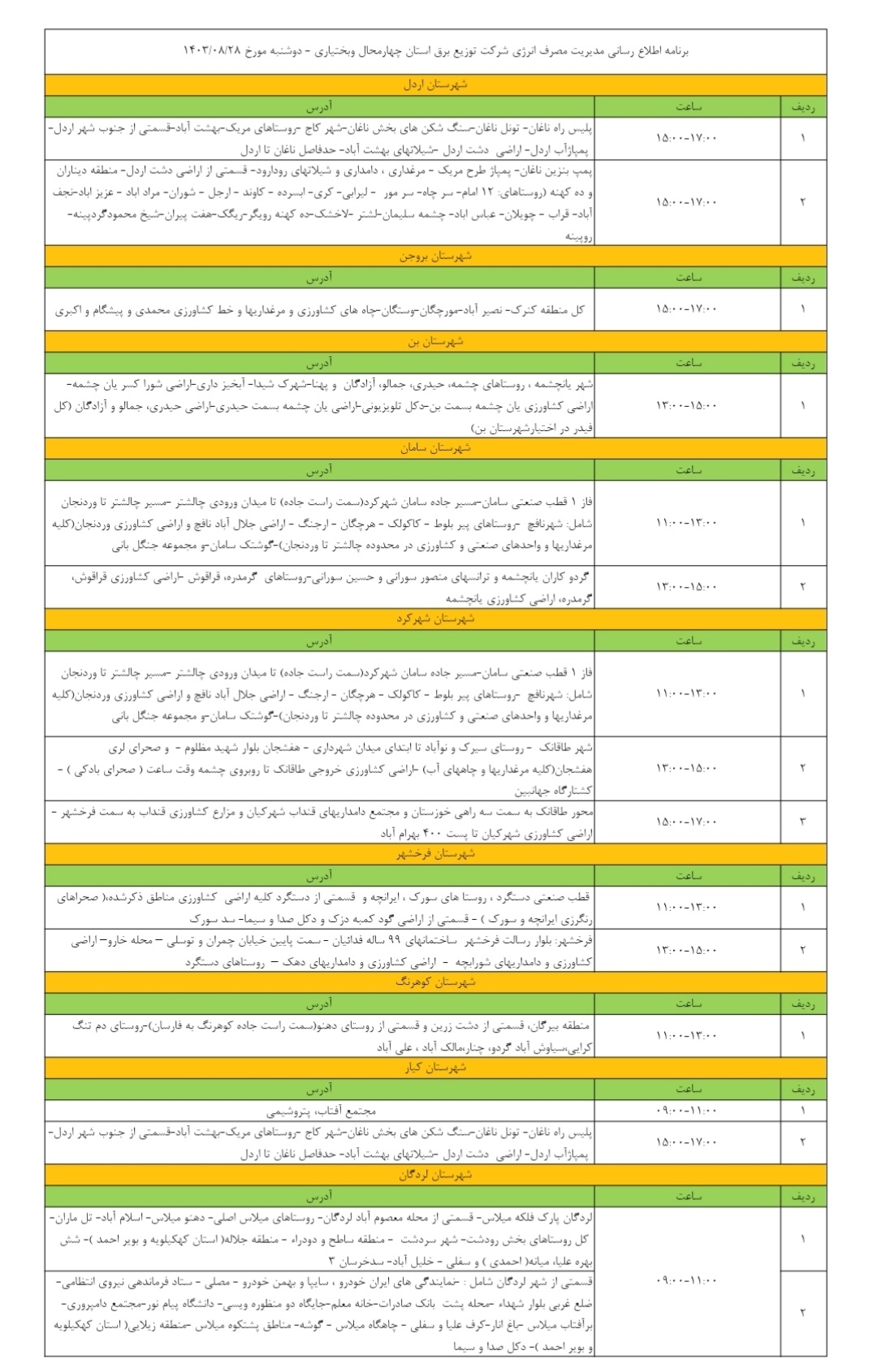 اعلام زمان قطعی برق در مناطق مختلف چهارمحال و بختیاری