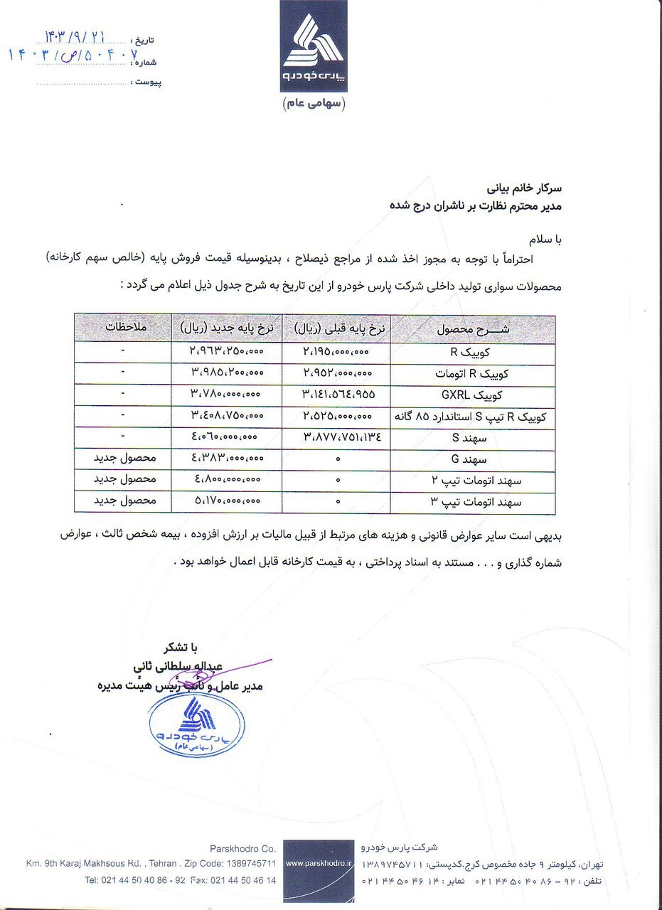 قیمت جدید محصولات پارس خودرو