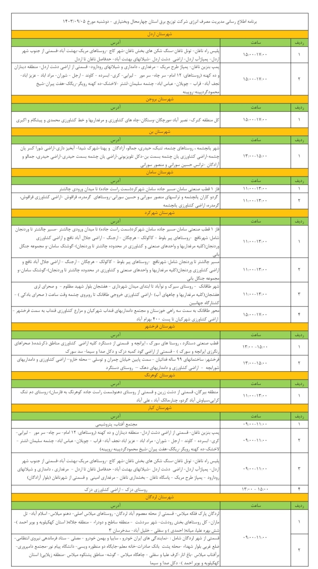 اعلام زمان قطعی برق امروز در چهارمحال و بختیاری
