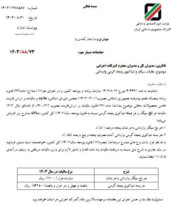 بخشنامه مالیات سیگار وارداتی