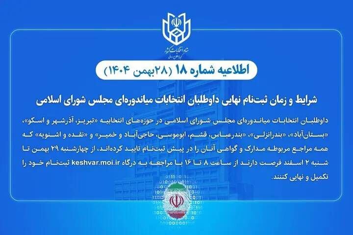 نام نویسی نهایی داوطلبان انتخابات میان‌دوره‌ای مجلس شورای اسلامی
