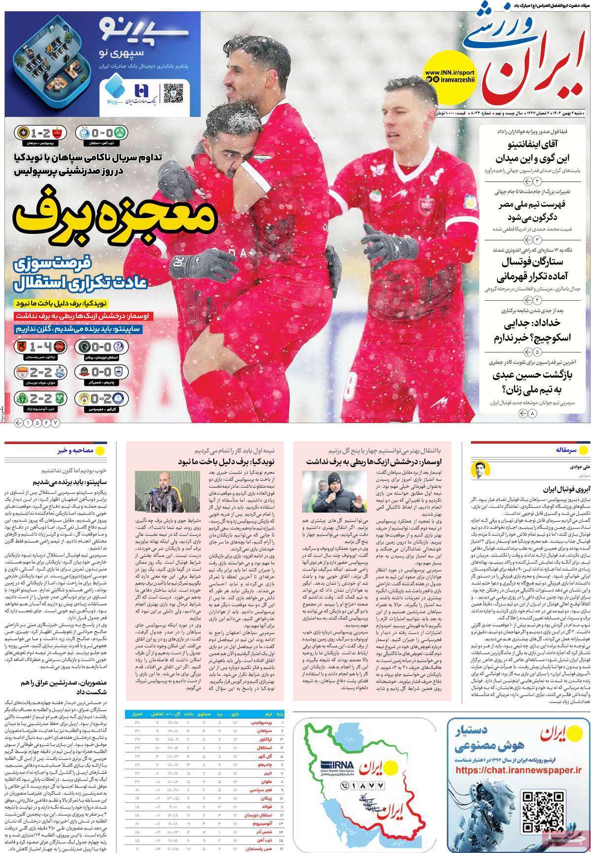 صفحه نخست روزنامه&zwnj;ها - شنبه ۴ بهمن