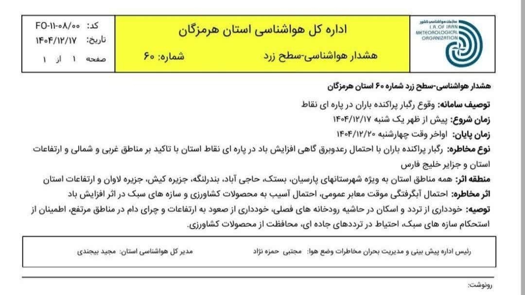 هشدار هواشناسی سطح زرد در هرمزگان صادر شد 