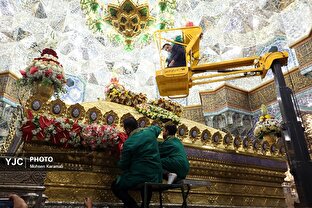 گل‌آرایی ضریح مطهر حرم حضرت معصومه (س) به مناسبت ولادت امام رضا (ع)