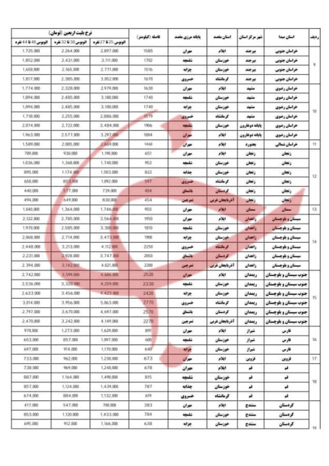 لیست کامل نرخ بلیت اتوبوس اربعین اعلام شد+ عکس