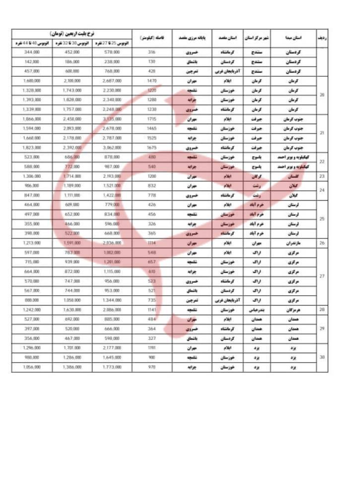 لیست کامل نرخ بلیت اتوبوس اربعین اعلام شد+ عکس