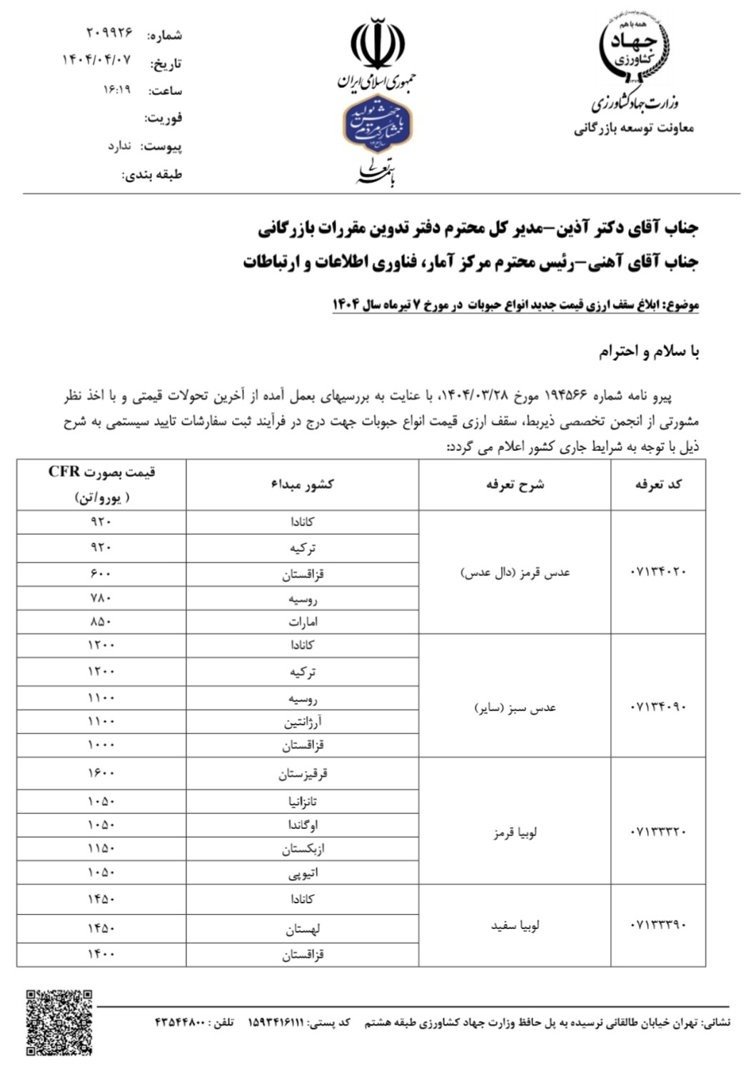فردا ثبت&zwnj;سفارش حبوبات با نرخ جدید آغاز می&zwnj;شود