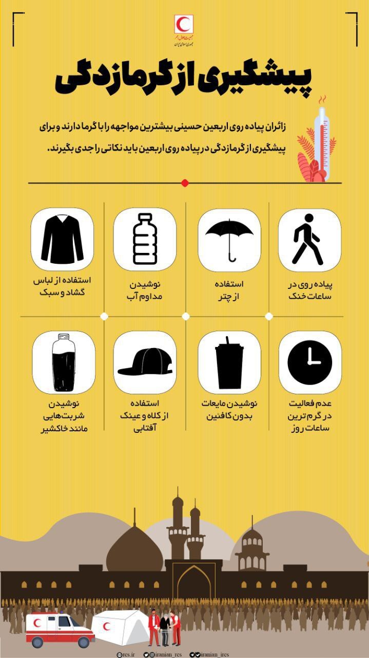 پیشگیری و اقدامات اولیه گرمازدگی زائران اربعین +فیلم و عکس