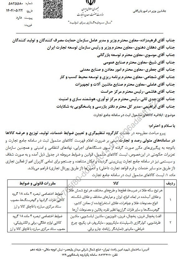 فهرست کالا&zwnj;های مشمول سامانه جامع تجارت