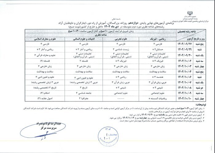 برنامه امتحانات نهایی دی&zwnj;ماه پایه دوازدهم