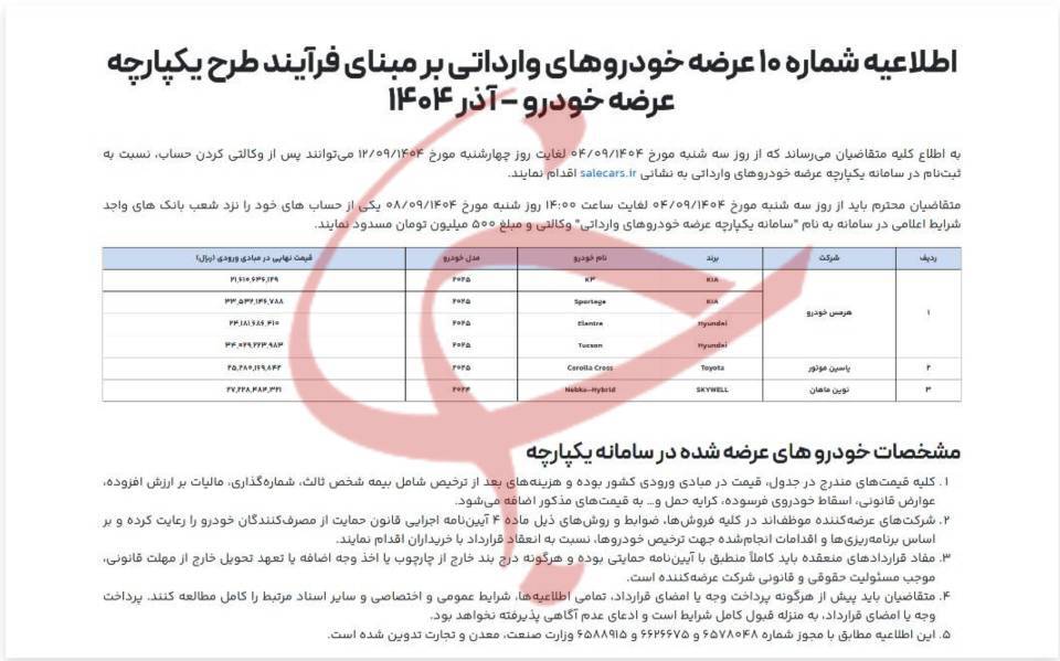 آغاز فروش خودرو&zwnj;های وارداتی از ۴ آذر ماه