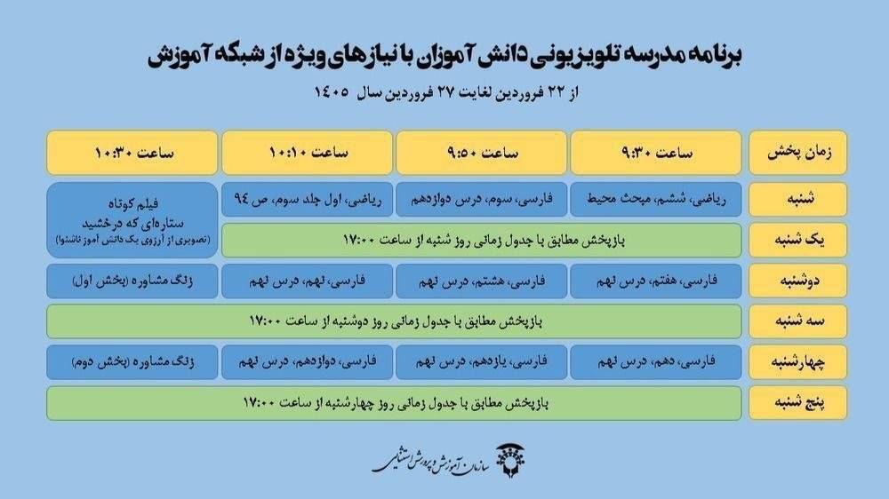 اعلام جدول پخش مدرسه تلویزیونی دانش&zwnj;آموزان با نیاز&zwnj;های ویژه تا ۲۷ فروردین