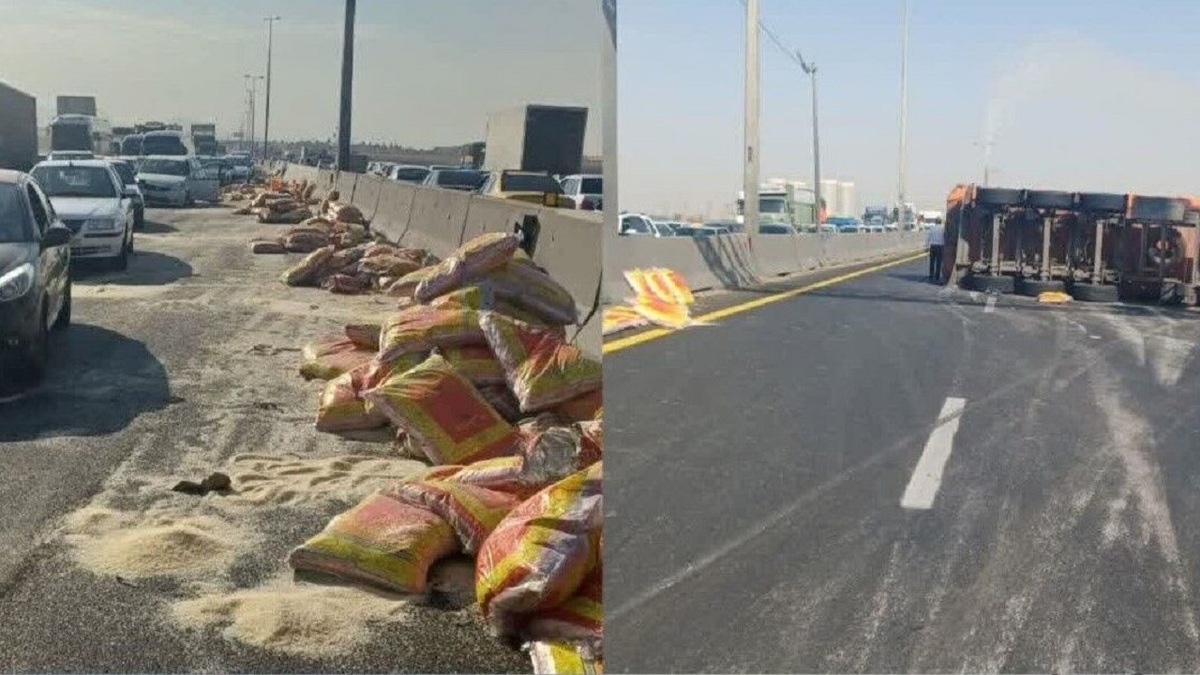 باشگاه خبرنگاران -ترافیک سنگین در آزادراه قزوین - کرج بر اثر واژگونی کامیون حامل برنج