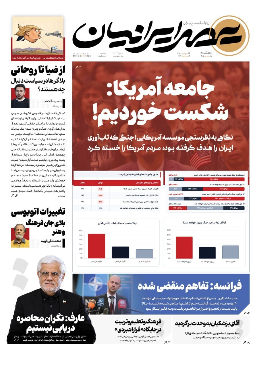 صفحه نخست روزنامه‌ها – یکشنبه ۱۵ شهریور