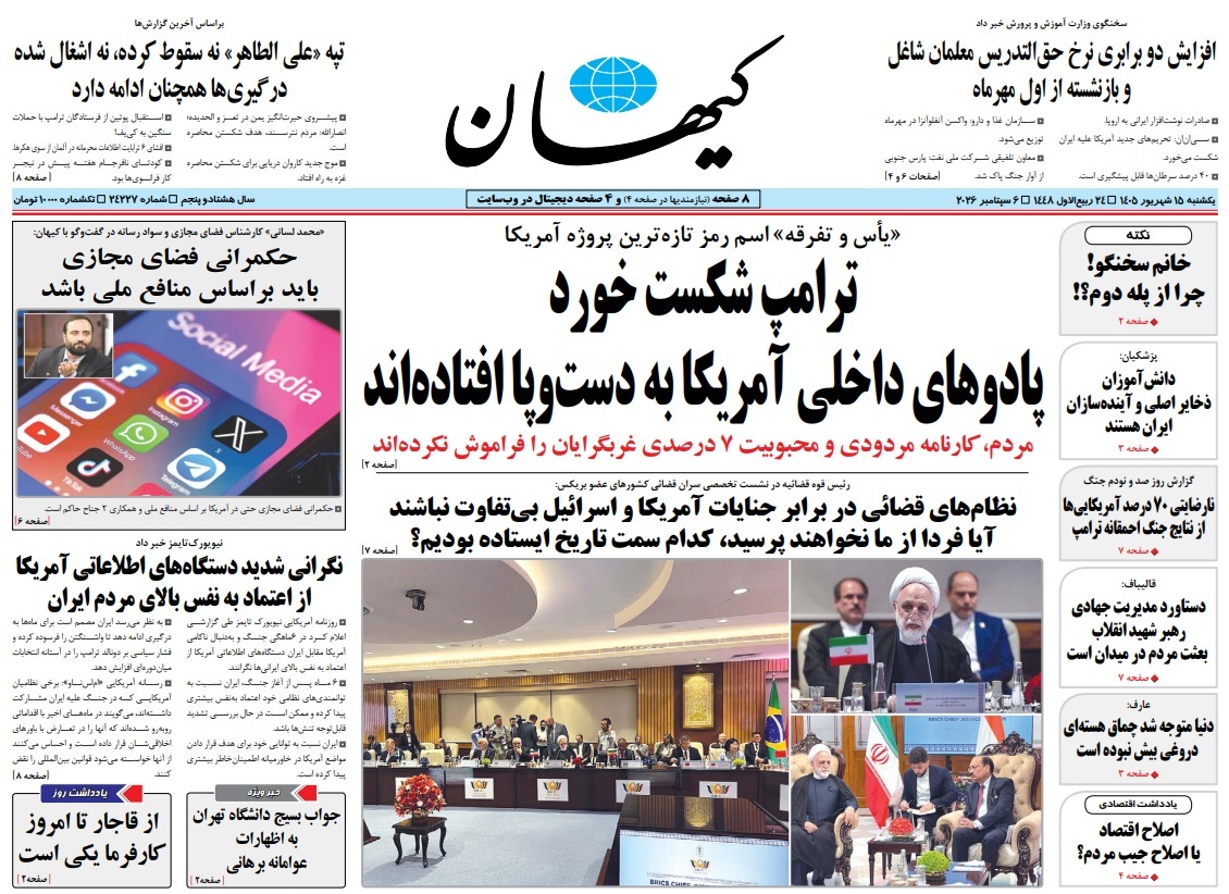 صفحه نخست روزنامه‌ها – یکشنبه ۱۵ شهریور