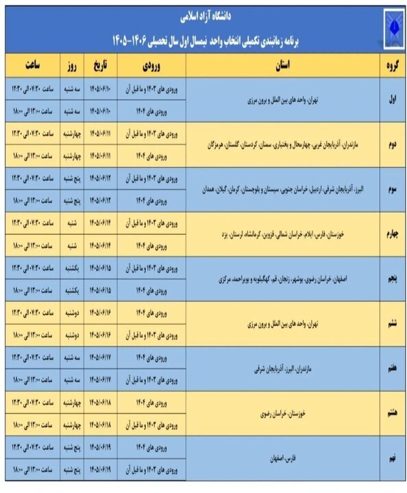 زمان&zwnj;بندی تکمیلی انتخاب واحد نیم&zwnj;سال اول دانشگاه آزاد