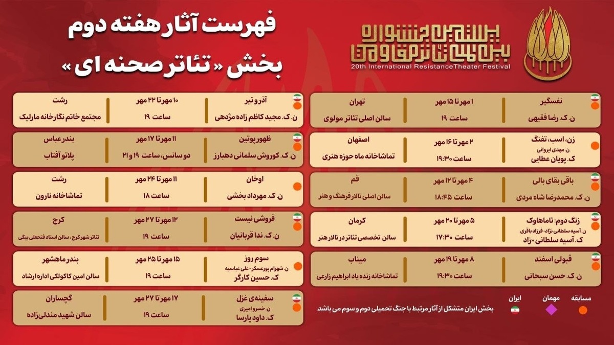 باشگاه خبرنگاران -جدول آثار هفته دوم بخش «تئاتر صحنه‌ای» جشنواره بین‌المللی تئاتر مقاومت