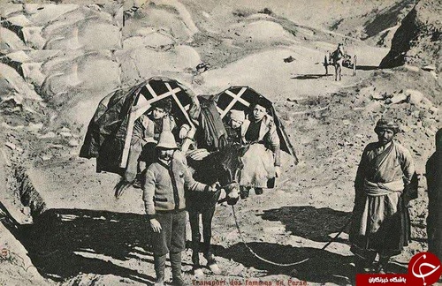 کارت‌پستالی که کجاوه‌ای در دوران قاجار را نشان می‌دهد
