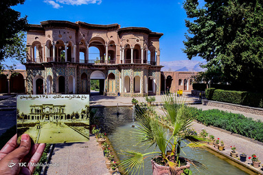 عکس گرفته شده توسط استاد علی گلشن از ورودی باغ شاهزاده ماهان در سال 1280 و عکس جدید ورودی باغ در سال 1398