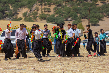 زن‌ها کل می‌کشند و در صف مرتب می‌ایستند، رنگ‌های تند و زیبا در زیر نور آفتاب می‌درخشند، لباس‌ها بلند و پوشیده و خوش رنگ روستا را فرا می‌گیرند دستمال‌ها در حرکت مواج تکان می‌خورند
