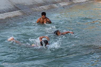 کودکان و جوانان برای تفریح و رهایی از گرمای هوا در کانالهای خنک آب که ازسد رییسعلی دلواری برای آبیاری نخلها سرازیر می شود اوقات خوشی را می گذرانند