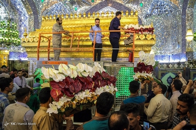 گل آرایی ضریح مطهر امام علی (ع) به مناسبت عید غدیر